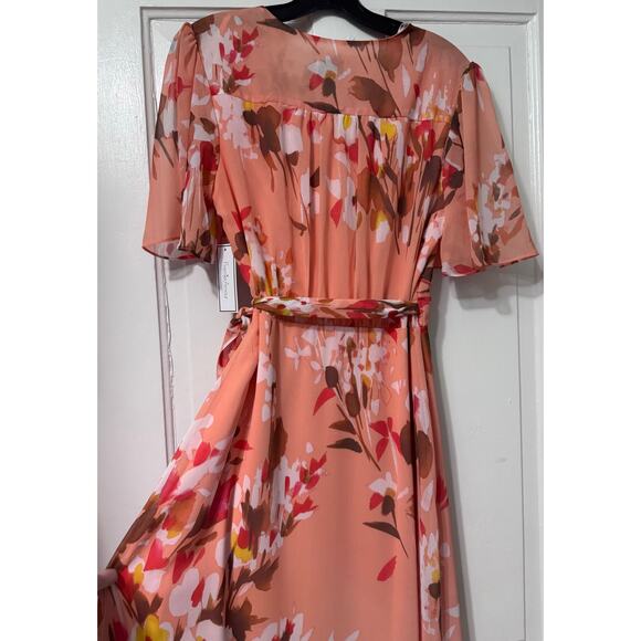 NWT Premier Amour Peach Floral Asymmetrical Midi Dress Size 4 - Picture 8 of 11